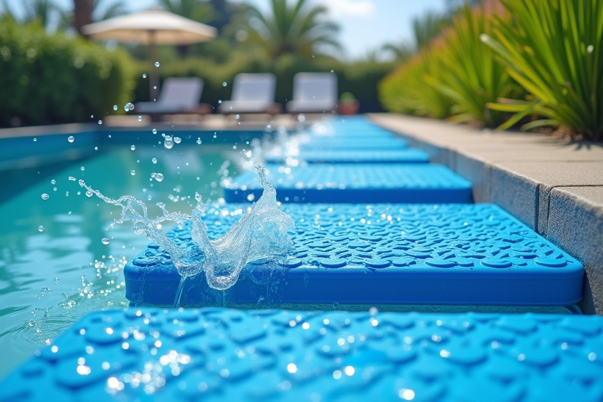 Escaliers de piscine avec tapis antidérapant bleu sous le soleil
