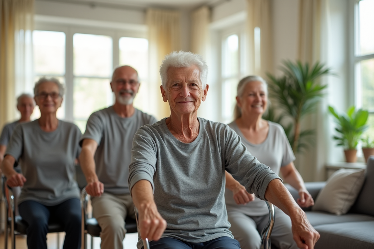 Groupe de seniors souriants faisant des exercices assis dans un salon lumineux
