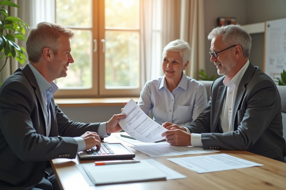 Expert comptable montrant des papiers d'impots à un couple age