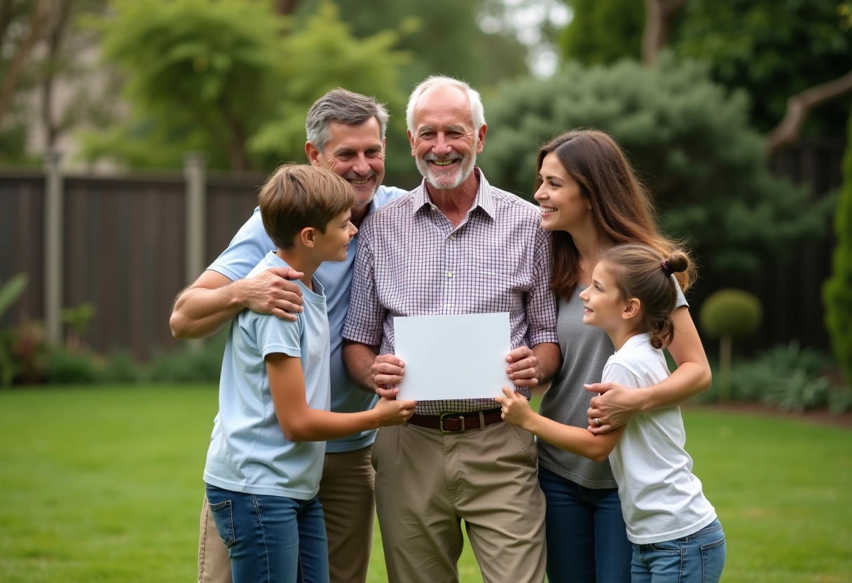 Famille heureuse entourant un homme de 70 ans dans un jardin