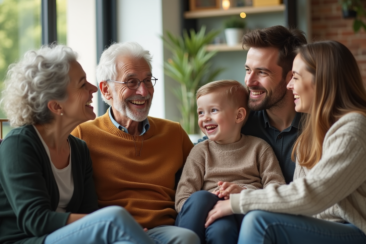 Trois générations de famille belge souriantes dans un salon moderne