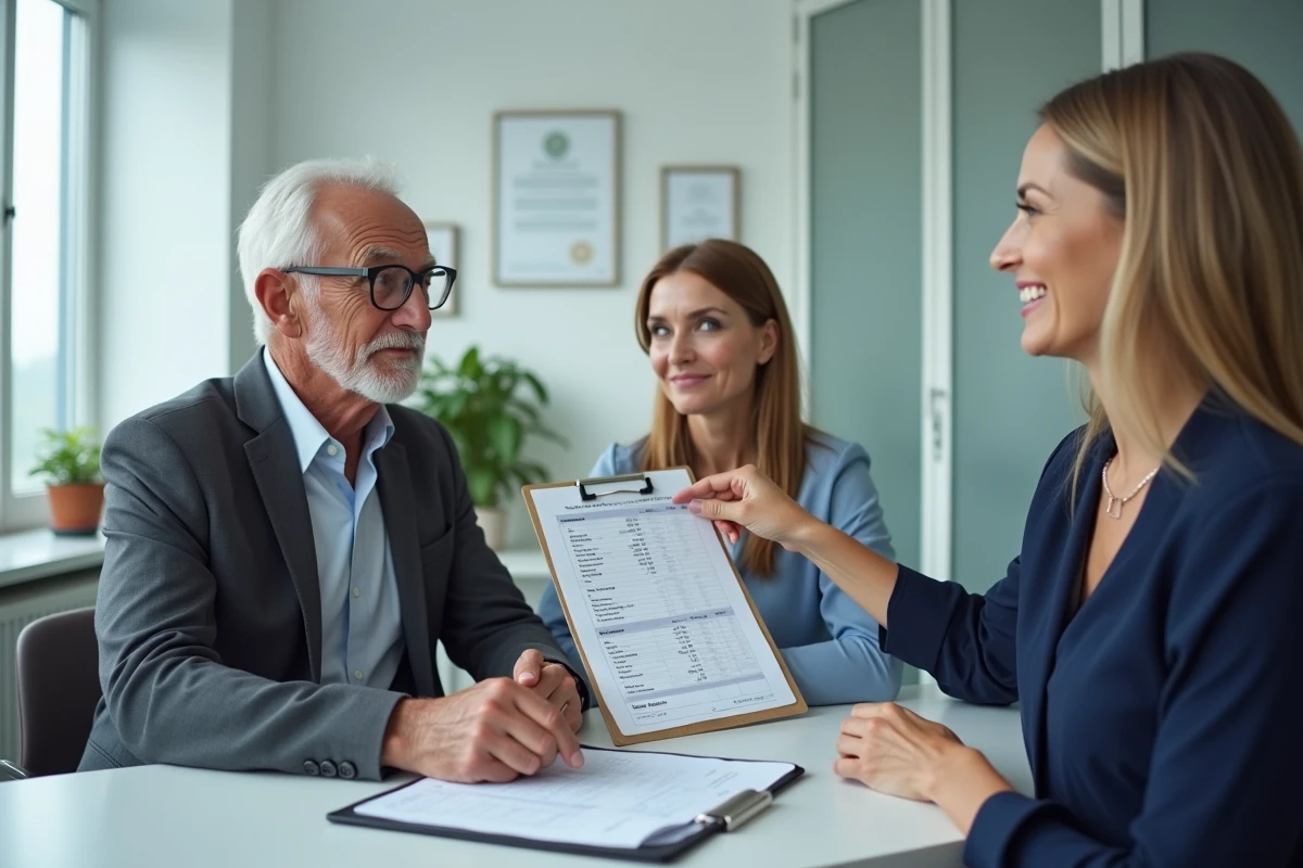 Famille discutant des prix et conditions d'un bail avec un conseiller en résidence services seniors