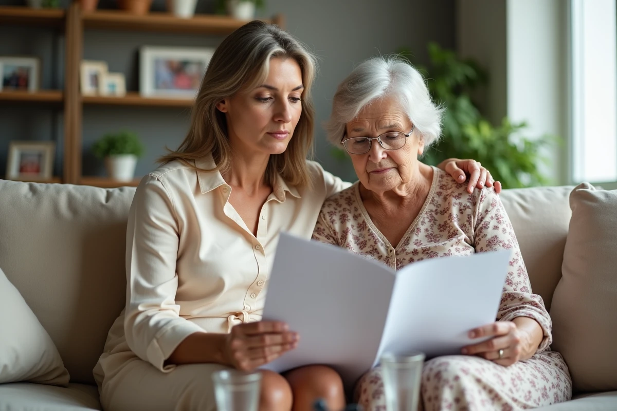 Mère âgée et fille adulte examinant ensemble un document sur la curatelle dans un salon familial