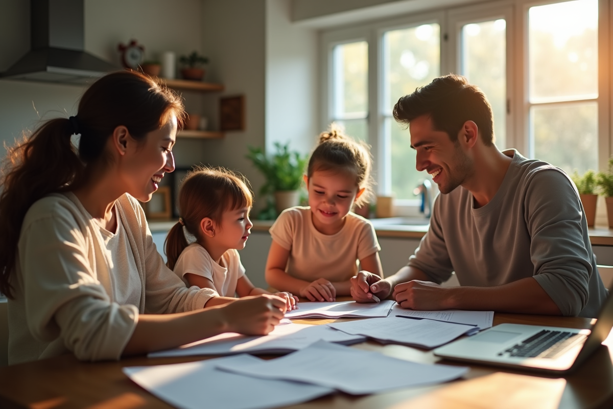 Famille discutant avec un travailleur social autour d