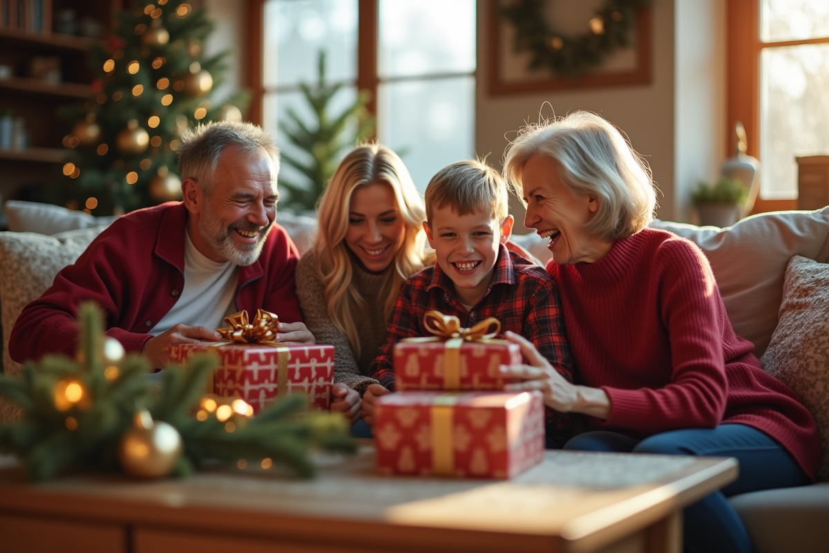 Famille multigenerale déballant des cadeaux de Noël dans un salon chaleureux