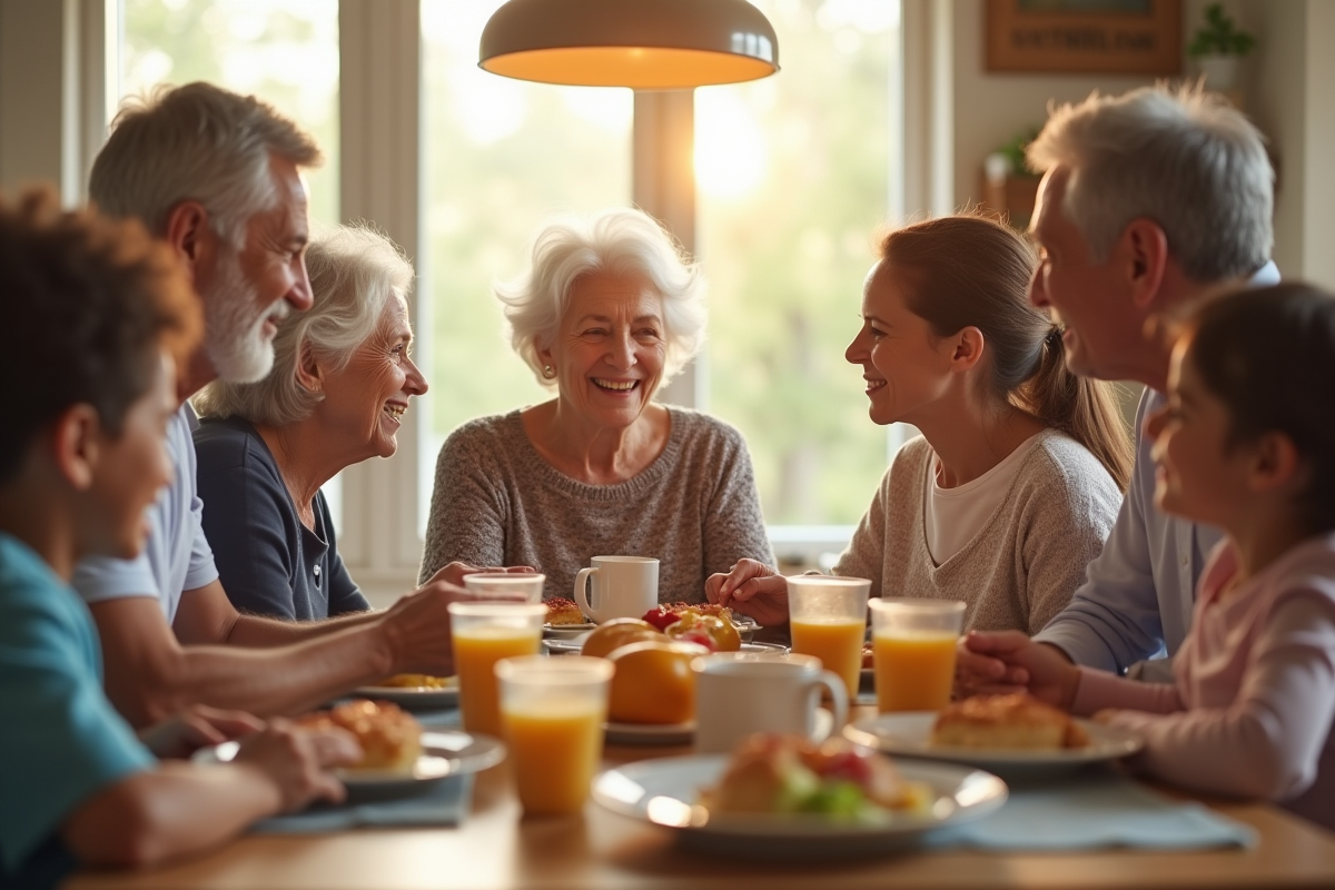 Famille de trois generations partageant un petit déjeuner chaleureux