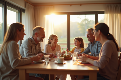 Famille multigenerationale réunie autour d'une table à manger ensoleillée