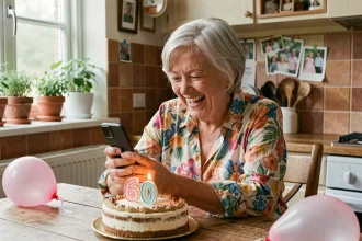 Femme de 60 ans qui rit en lisant un SMS d'anniversaire humoristique sur son smartphone, entourée d'un gâteau et de ballons dans une cuisine chaleureuse