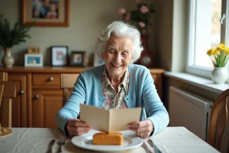 Femme de 70 ans souriante lisant une carte d anniversaire