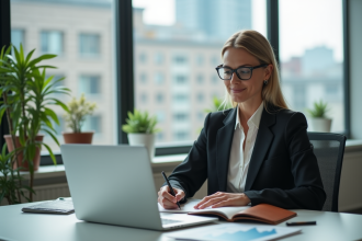 Femme d'affaires confiante analysant des graphiques financiers