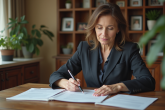 Femme d'affaires lisant des documents à la maison