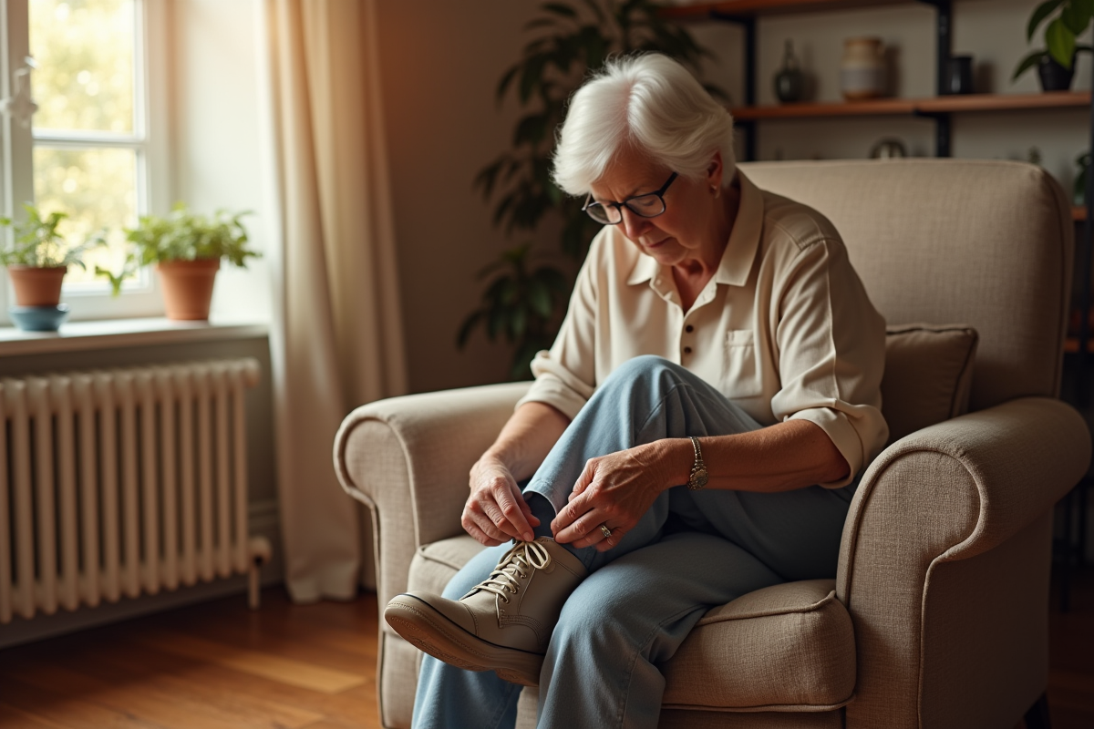 Femme agee assise dans un fauteuil en train de lacer ses chaussures orthopediques
