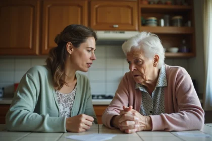 Femme agee en tete de soixante-dix ans assise en tension