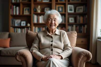 Femme agee souriante assise dans un salon chaleureux