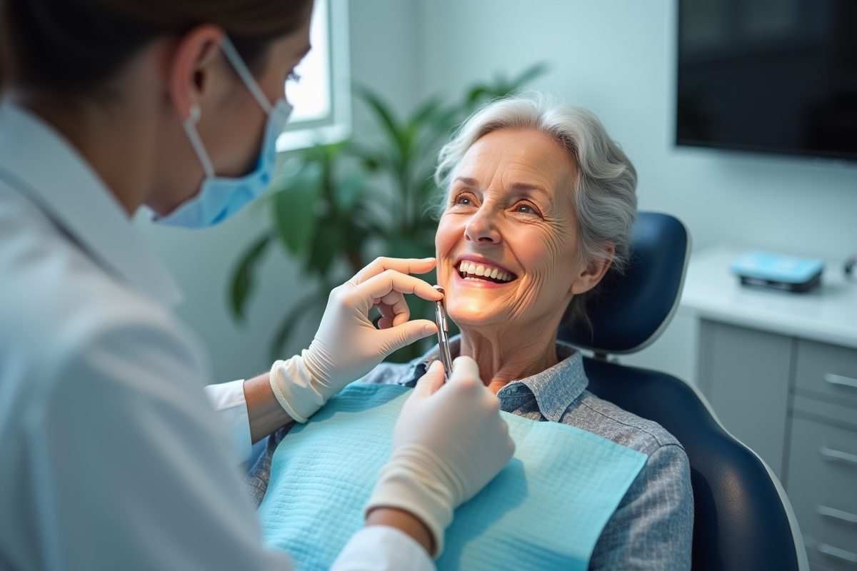 Femme agee chez le dentiste avec un professionnel