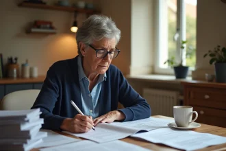 Femme âgée examinant des formulaires administratifs de demande d'APA GIR 4 à domicile