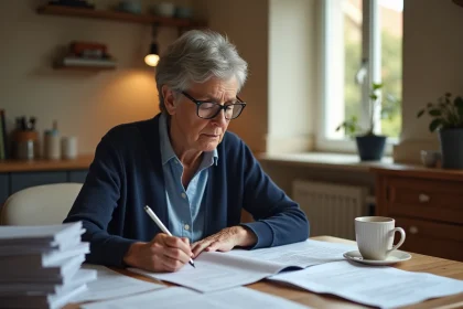 Femme âgée examinant des formulaires administratifs de demande d'APA GIR 4 à domicile