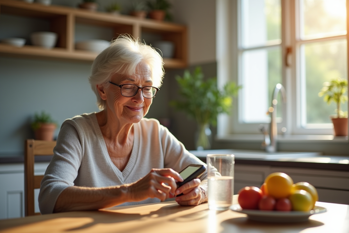 Femme âgée utilisant un glucomètre moderne à la cuisine