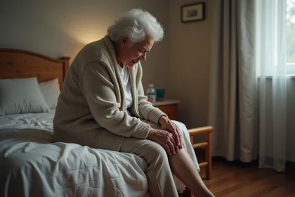 Femme &acirc;g&eacute;e se massant la jambe dans sa chambre