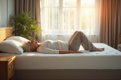 Femme agee allongee confortablement sur un matelas dans une chambre lumineuse