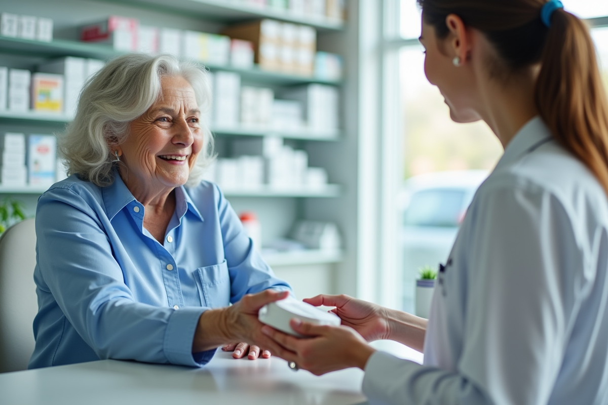 Femme agee souriante recevant produits incontinence en pharmacie