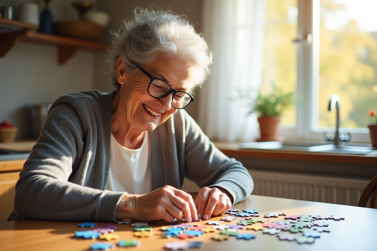 Femme agee concentrée sur un puzzle coloré dans la cuisine