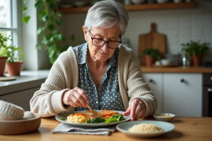 Femme agee mange un repas sain dans une cuisine lumineuse