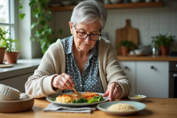 Femme agee mange un repas sain dans une cuisine lumineuse