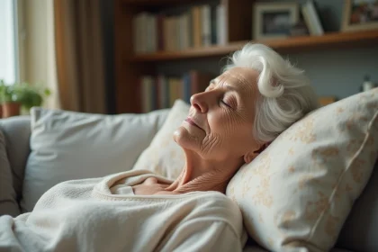 Femme agee repose paisiblement dans son salon