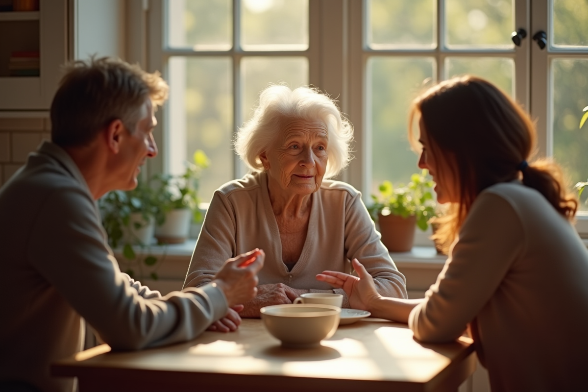 Femme agee assise pensivement dans une cuisine lumineuse