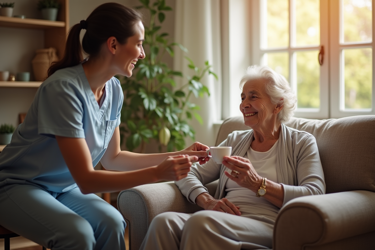 Femme agee assise dans un salon chaleureux souriant