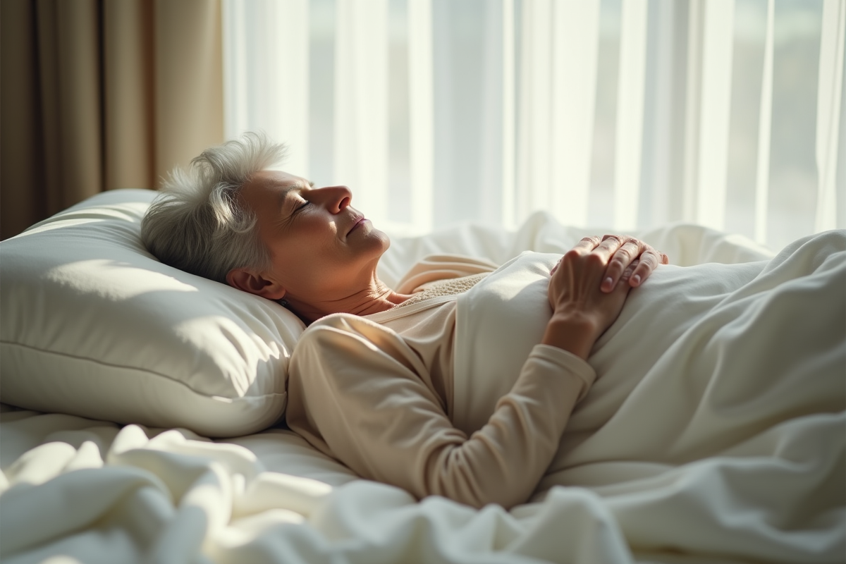 Femme agee dormant paisiblement dans une chambre lumineuse