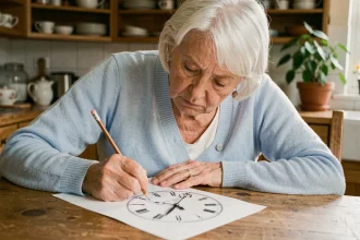 Femme âgée réalisant le test de l'horloge à une table de cuisine, dessinant une horloge sur une feuille blanche avec un crayon