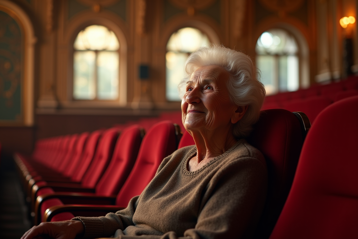 Femme âgée assise seule dans un théâtre lumineux et élégant