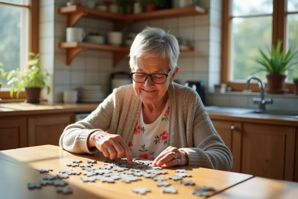 Femme âgée souriante jouant au puzzle dans la cuisine