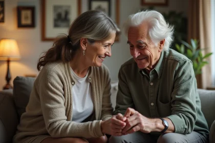 Femme aidant un senior dans un salon chaleureux