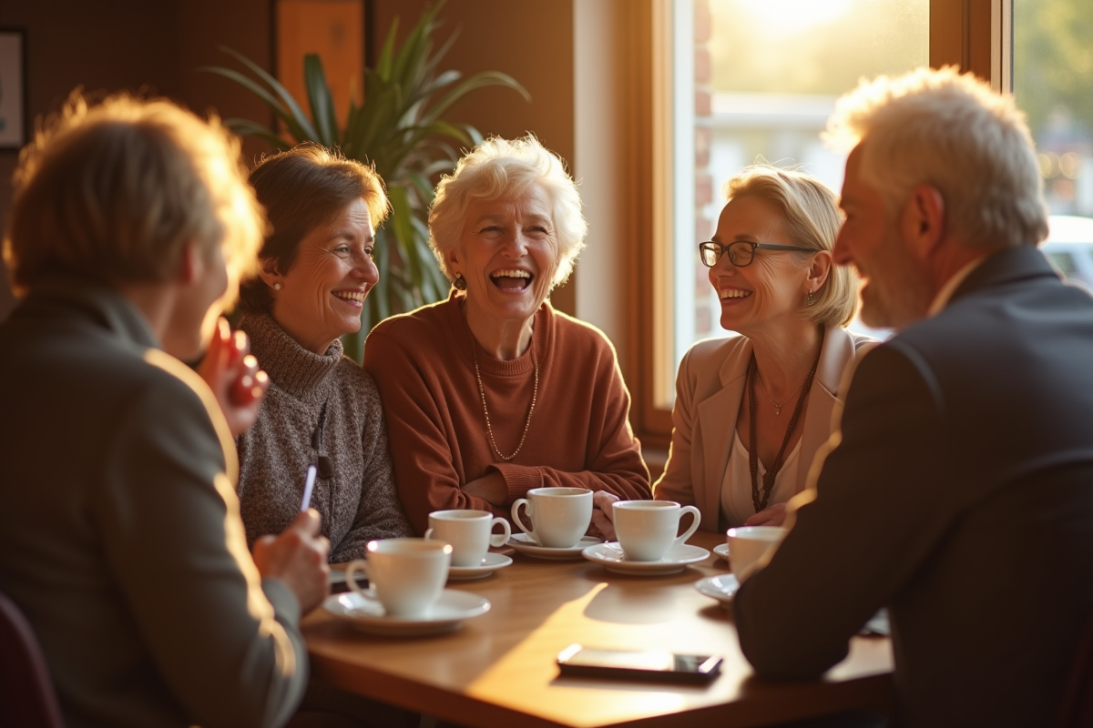 Femme âgée discutant avec des amies au café ensoleillé