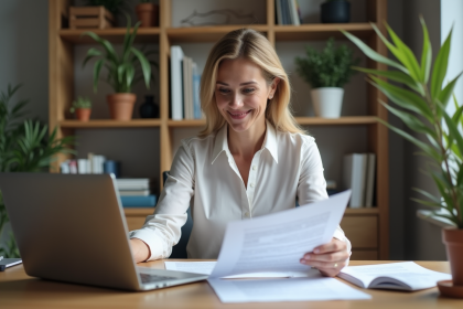 Femme belge assise à un bureau moderne en train de lire des documents