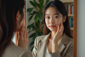 Femme en blazer regardant dans le miroir avec confiance