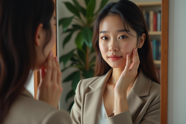Femme en blazer regardant dans le miroir avec confiance