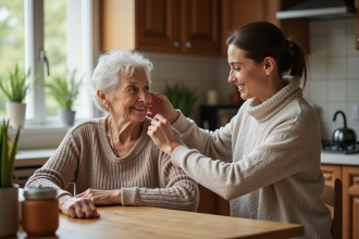Femme aidant sa mère à coiffer dans la cuisine chaleureuse