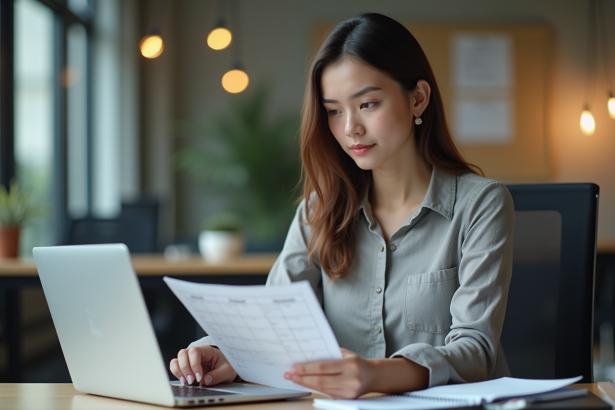 Jeune femme au bureau tenant un calendrier français