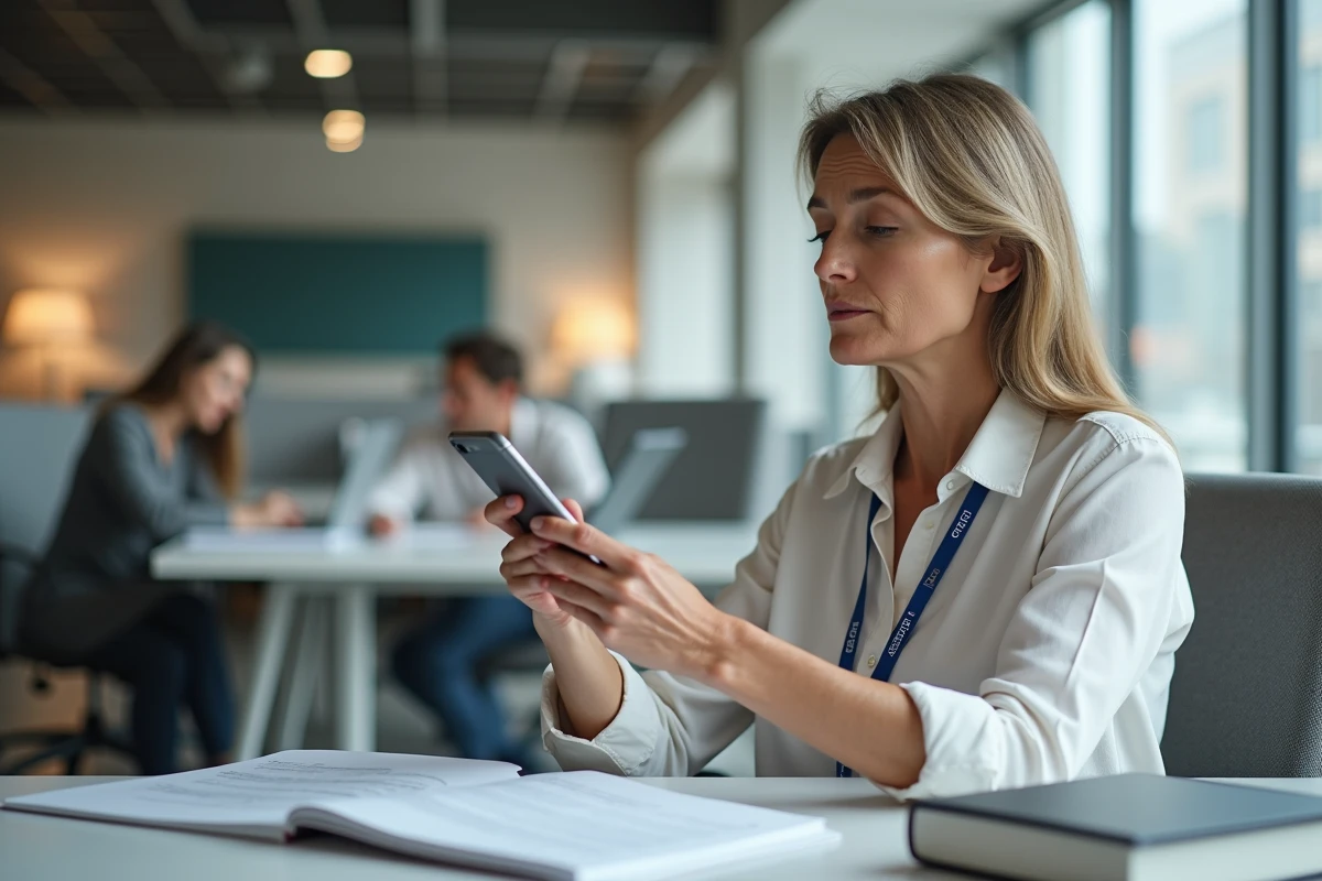 Femme en bureau moderne prenant des notes et utilisant son smartphone