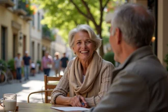 Femme souriante en terrasse de café en ville européenne