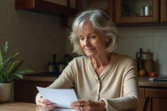 Une femme d'âge moyen examine ses documents de chèque-vacances Agirc Arrco dans sa cuisine modeste