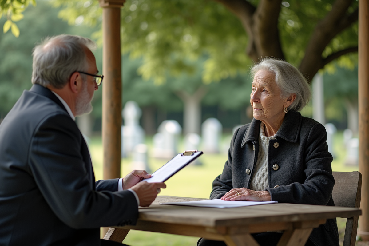 Femme âgée discutant avec un conseiller funéraire en extérieur