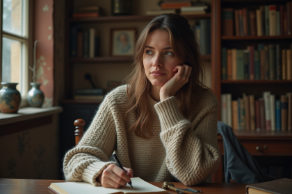 Femme pensante dans un bureau ancien avec clé vintage