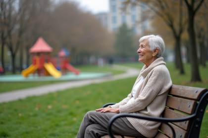 Femme d'âge moyen assise sur un banc dans un parc contemplant le paysage