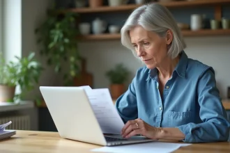 Femme d'âge moyen travaillant à la cuisine moderne avec ordinateur
