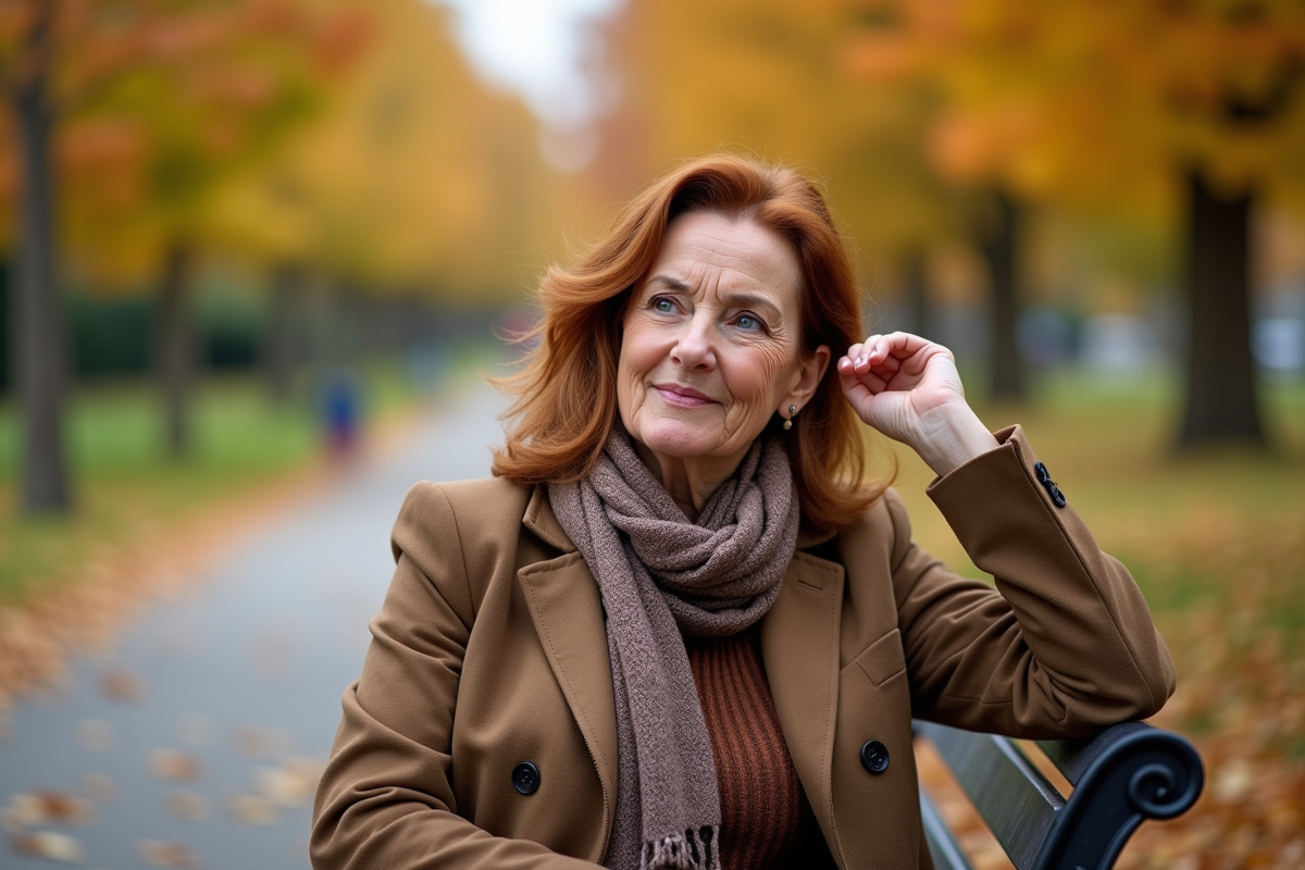 Femme de 66 ans assise dans un parc en automne